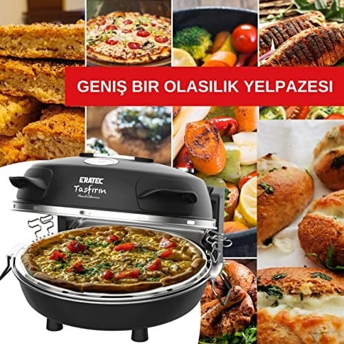 ERATEC - Pizza fırını, SET-PM-27. 400°Cye kadar sıcaklık, 5 pişirme kademesi, pizza 4 dakika hazır, aksesuarlar dahil: 32 cm ateşe dayanıklı taş plaka, XXL tava eklentisi, pizza küreği, pizza kesici.