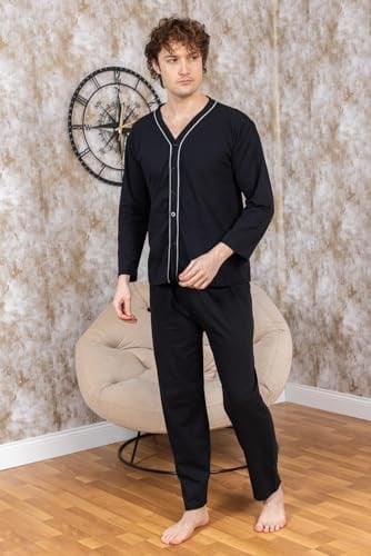 Erkek Boydan Düğmeli Yüksel Kalite Pamuk Pijama Takımı 16511