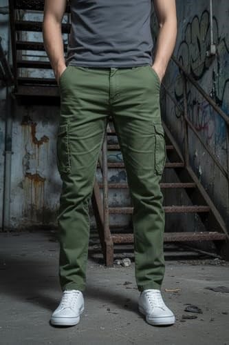 Erkek Kargo Pantolon - Haki Yeşil Likralı Pamuk Erkek Pantolon - Outdoor İş Yürüyüş Erkek Pantolon