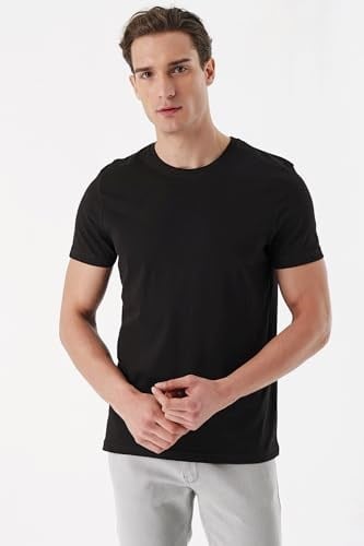 Erkek Siyah Basic Düz%100 Pamuk Bisiklet Yaka Slim Fit Dar Kesim Kısa Kollu Tişört