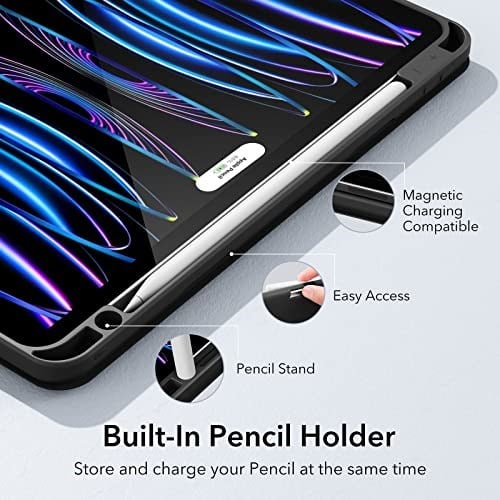 ESR iPad Pro 11 inç (2022/2021, 4. / 3. Nesil) ile Uyumlu Kalem Kutusu, Dahili Kalem Tutucu, Kalem 2 Desteği, Esnek Arka Kapak, Üç Katlı Stand, Otomatik Uyku/Uyandırma, Rebound Serisi, Siyah