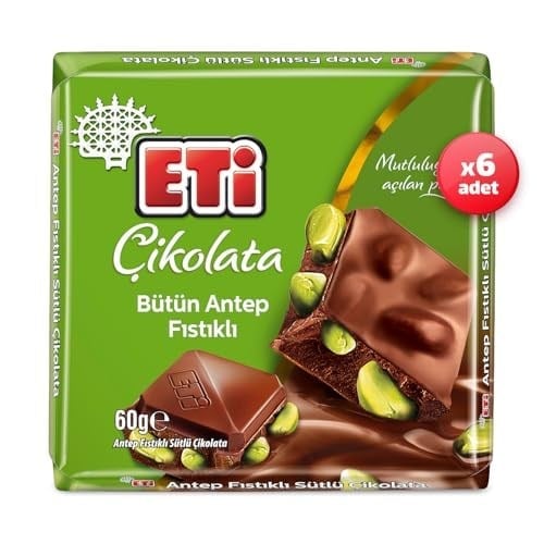 Eti Çikolata Antep Fıstıklı Kare Çikolata 60 g x 6 Adet