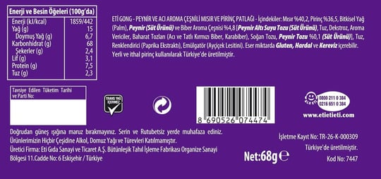 Eti Gong Peynirli Acılı Mısır ve Pirinç Patlağı 68 g 2li paket