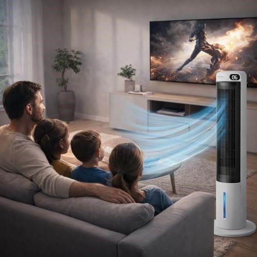 Ev Tipi Kule Tipi Vantilatör & Soğutucu – 70W Güçlü Hava Akışı, 3 Kademe Hız, 3L Su Tanklı Nemlendirici, 24 Saat Zamanlayıcı, Sessiz Çalışma (29 dB), Uzaktan Kumandalı, LCD Ekranlı