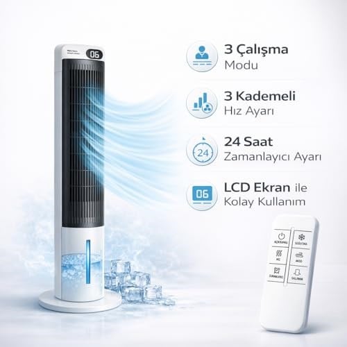 Ev Tipi Kule Tipi Vantilatör & Soğutucu – 70W Güçlü Hava Akışı, 3 Kademe Hız, 3L Su Tanklı Nemlendirici, 24 Saat Zamanlayıcı, Sessiz Çalışma (29 dB), Uzaktan Kumandalı, LCD Ekranlı