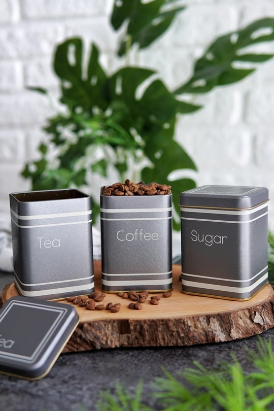 EVLE-Metal Çay, Kahve, Şeker Saklama Kutusu 3 Lü Set 7.5 x 7.5 x 10.2 cm, Silver (Silver)