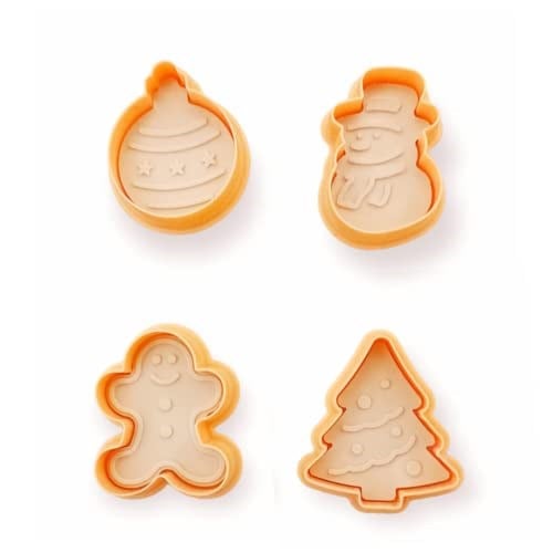 EYNEL Yılbaşı Şekilli Adam Çam Ağacı Basmalı Kurabiye Kalıbı Gingerbread Man Desenli Şeker Hamuru Kesici Aparat (Konsept 1, Krem-Turuncu)