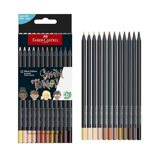Faber-Castell Black Edition Boya Kalemi 12’li Skin Tones, Siyah Lata, Siyah Kağıda Uyumlu, Ergonomik Üçgen Gövde, Ten Renkleri