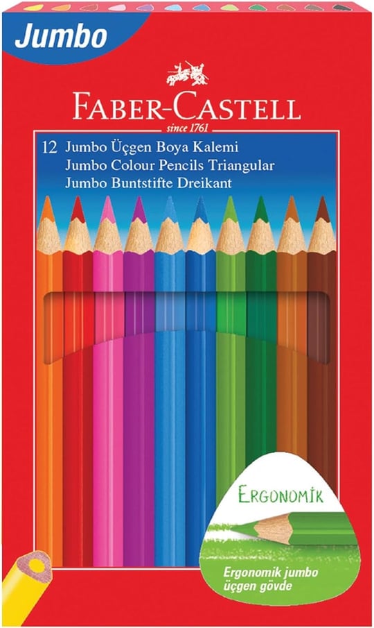 Faber-Castell Jumbo Kuru Boya Kalemi, 12 Renk, Çocuklar İçin Eğlenceli ve Kolay Tutuş, Ergonomik Üçgen ve Kalın Gövde, Kırılmaya Karşı Dirençli Özel Yapıştırma Sistemi