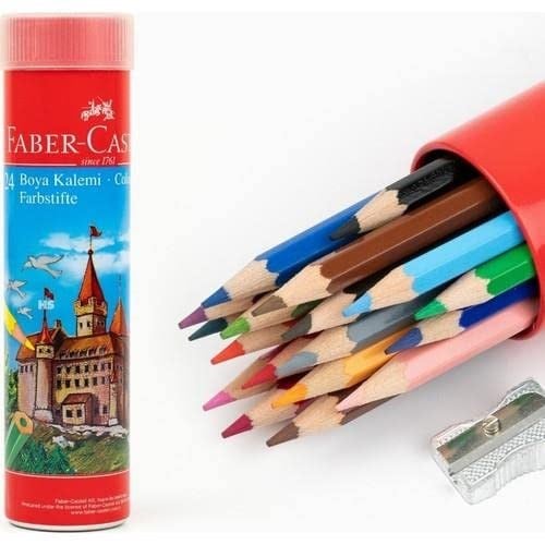 Faber-Castell Kuru Boya Kalemi, Kırmızı Metal Tüp Kutu, 24 Renk, Tam Boy, Kalemtıraş Hediyeli, Yumuşak Mineli, Kırılmaya Dayanıklı Uçlar, Kolay Açılır - Seçenekler: 12 Renk, 24 Renk
