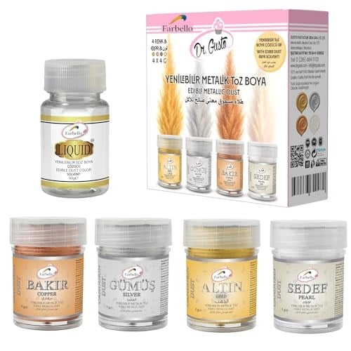 Farbello Metalik Gıda Boyası, 4 Renk Set, Aroma verici yenilebilir Toz Boya, Pasta, Çikolata ve Pastacılık Dekorasyonu