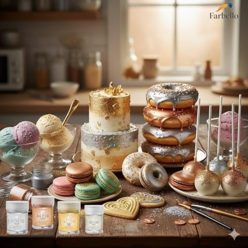 Farbello Metalik Gıda Boyası, 4 Renk Set, Aroma verici yenilebilir Toz Boya, Pasta, Çikolata ve Pastacılık Dekorasyonu