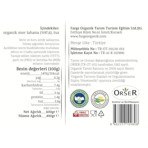 Farge Organik Mor Lahana Turşusu, Organik Sauerkraut, 600g, Cam Kavanoz