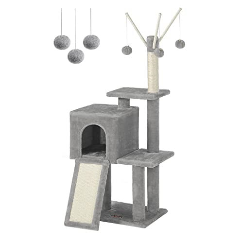 FEANDREA PCT143W01 kedi ağacı, tırmalama tahtalı, 3 çıkarılabilir ponpon çubuğu, 118 cm, açık gri