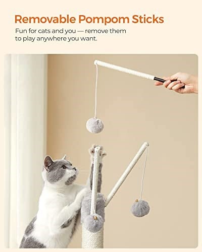 FEANDREA PCT143W01 kedi ağacı, tırmalama tahtalı, 3 çıkarılabilir ponpon çubuğu, 118 cm, açık gri