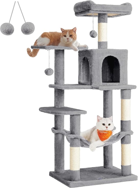 Feandrea PCT161W01 tırmalama ağacı, 143 cm yüksekliğinde, kedi ağacı, çok katlı kedi evi, 4 tırmalama sütunu, 2 platform, hamak, mağara, açık gri