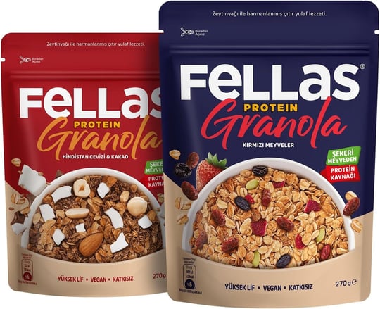 Fellas İkili Vegan Protein Granola: Hindistan Cevizli & Kırmızı Meyveli (270g+270g)