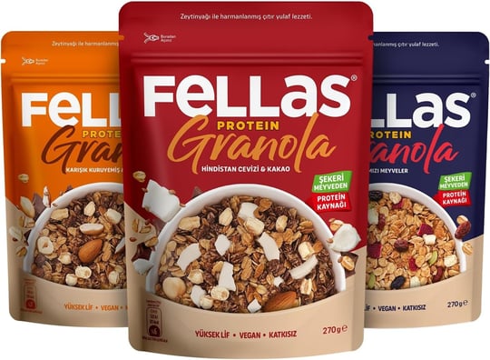 Fellas Protein Granola 3lü Mix Paket - Hindistan C. & Kırmızı Meyveler & Karışık Kuruyemişli (270 g)