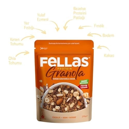 Fellas Protein Granola Karışık Kuruyemiş ve Kakao 270 gr 3lü paket