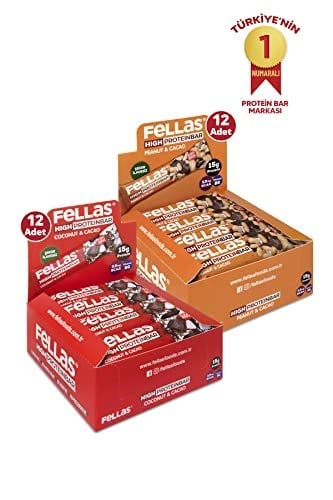 Fellas Yüksek Protein Bar 45 g Süper İkili Kutu 24 Adet - Hind. Cevizli x12 Adt+Yer Fıstıklı x12 Adt