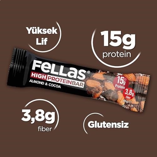 Fellas Yüksek Protein Bar, Bademli ve Kakaolu, 45gr x 12 Adet