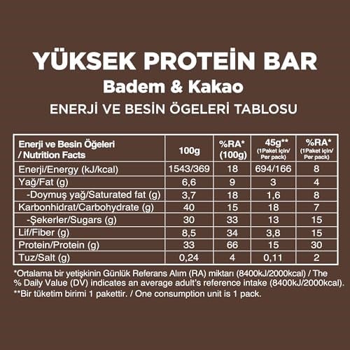 Fellas Yüksek Protein Bar, Bademli ve Kakaolu, 45gr x 12 Adet