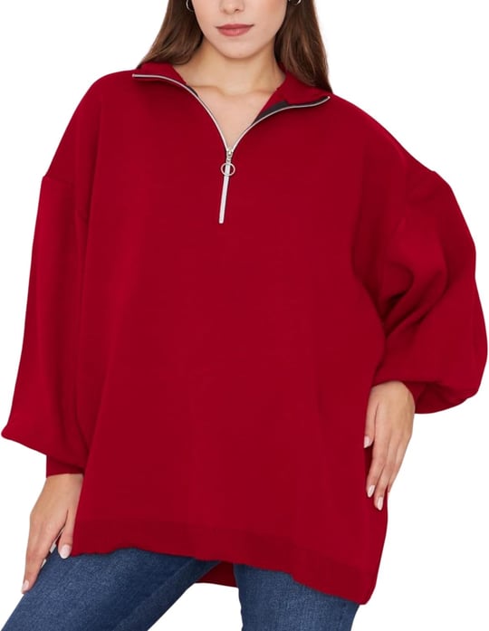 Fermuarlı Yaka Detaylı Oversize Triko Tunik