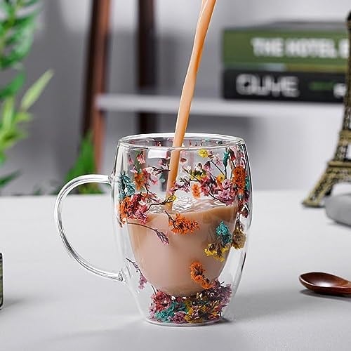 FETHİYE TOPTAN Kurutulmuş Çiçekli Kupa Hediyelik Çift Camlı Şık Dayanıklı Kahve Dış Mekan Çekim Kafe Bardağı 250ml