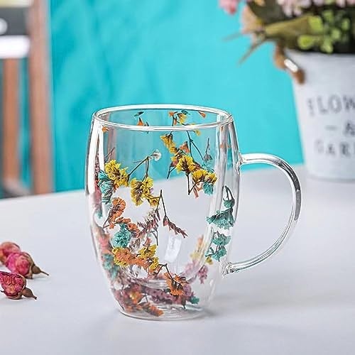FETHİYE TOPTAN Kurutulmuş Çiçekli Kupa Hediyelik Çift Camlı Şık Dayanıklı Kahve Dış Mekan Çekim Kafe Bardağı 250ml