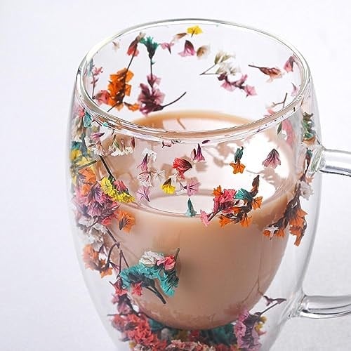 FETHİYE TOPTAN Kurutulmuş Çiçekli Kupa Hediyelik Çift Camlı Şık Dayanıklı Kahve Dış Mekan Çekim Kafe Bardağı 250ml