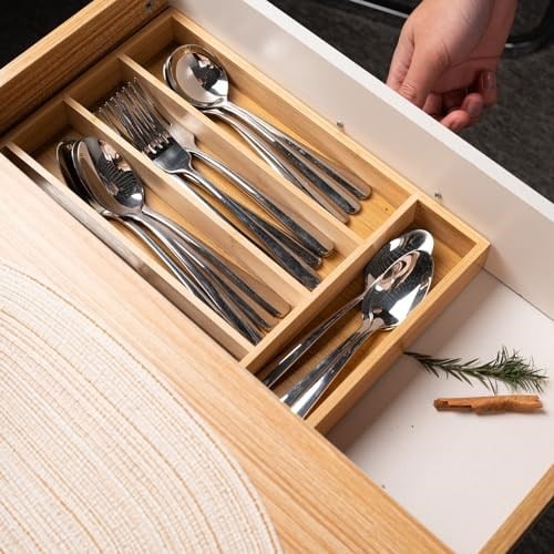 Fibogollo Gümüş Eşya Organizatör Bambu Mutfak Çekmece Organizatör Mutfak Gereçleri Organizatör Mutfak Gereçleri Organizatör Tepsi 5 Yuvaları ile Mutfak, Sofra Takımı, Mutfak Eşyaları için