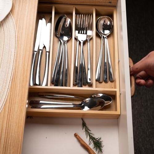 Fibogollo Gümüş Eşya Organizatör Bambu Mutfak Çekmece Organizatör Mutfak Gereçleri Organizatör Mutfak Gereçleri Organizatör Tepsi 5 Yuvaları ile Mutfak, Sofra Takımı, Mutfak Eşyaları için