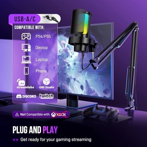 FIFINE AmpliGame A8T USB oyun mikrofonu, PC kondenser mikrofon, Boom kollu | Hızlı Sessiz, Kazanç Düğmesi, RGB Kontrolü, Kulaklık Jakı, PC/PS5 Akış Discord Twitch Kayıt Podcastleri YouTube, Metal