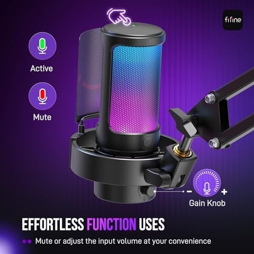 FIFINE AmpliGame A8T USB oyun mikrofonu, PC kondenser mikrofon, Boom kollu | Hızlı Sessiz, Kazanç Düğmesi, RGB Kontrolü, Kulaklık Jakı, PC/PS5 Akış Discord Twitch Kayıt Podcastleri YouTube, Metal