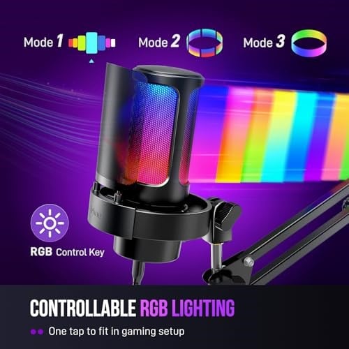FIFINE AmpliGame A8T USB oyun mikrofonu, PC kondenser mikrofon, Boom kollu | Hızlı Sessiz, Kazanç Düğmesi, RGB Kontrolü, Kulaklık Jakı, PC/PS5 Akış Discord Twitch Kayıt Podcastleri YouTube, Metal