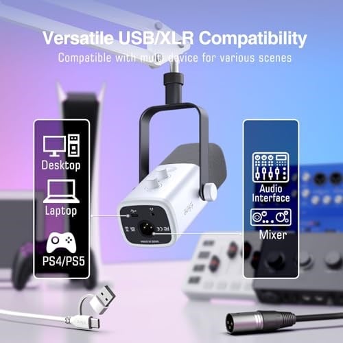 FIFINE Oyun XLR/USB Mikrofon Seti, PC/PS5 için Akış Dinamik Mikrofon Seti, Vokal Podcast Kayıt Seslendirmesi için Bilgisayar Mikrofonu, Kulaklık Jakı, Kazanç Düğmesi, Kol Standı-AmpliGame AM8T Beyaz