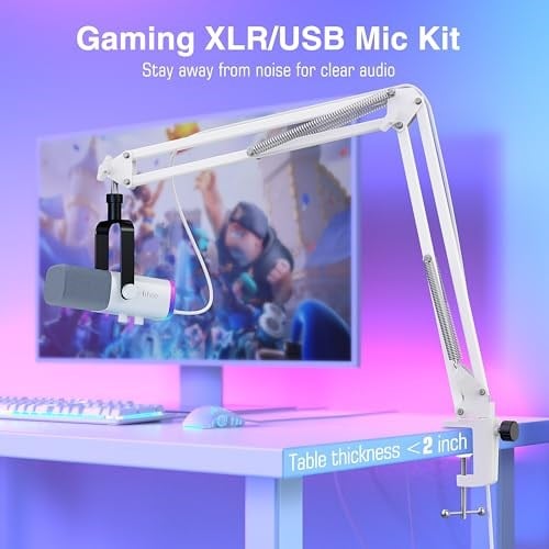 FIFINE Oyun XLR/USB Mikrofon Seti, PC/PS5 için Akış Dinamik Mikrofon Seti, Vokal Podcast Kayıt Seslendirmesi için Bilgisayar Mikrofonu, Kulaklık Jakı, Kazanç Düğmesi, Kol Standı-AmpliGame AM8T Beyaz