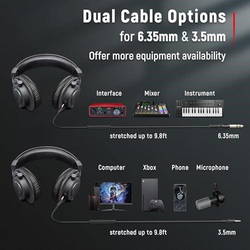 FIFINE Podcast İzleme için Kayıt Üzerinden Kulak Kablolu Kulaklıklar için Stüdyo Monitör Kulaklıklar, Çıkarılabilir Kablolarla Rahat Ekipman Akışı 3,5 mm veya 6,35 mm Jak, Siyah, PC/Mikser-H8