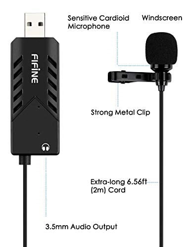 FIFINE TECHNOLOGY USB Yaka Mikrofon, Klipsli Kardiyot Kondansatörlü Bilgisayar Mikrofonu Tak ve Çalıştır USB Mikrofon, PC ve Mac-K053 için Ses Kartı