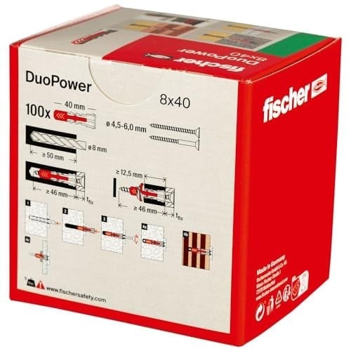fischer DuoPower 8 x 40, evrensel dübel, güçlü 2 bileşenli dübel, beton, tuğla, taş, alçı yapı plakaları vb. sabitlemek için plastik dübel, vidasız, 100 adet