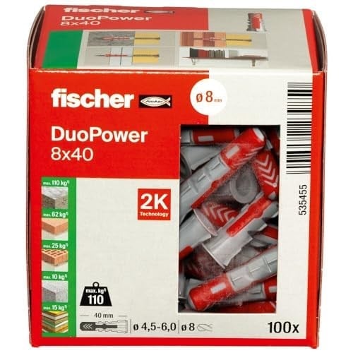 fischer DuoPower 8 x 40, evrensel dübel, güçlü 2 bileşenli dübel, beton, tuğla, taş, alçı yapı plakaları vb. sabitlemek için plastik dübel, vidasız, 100 adet