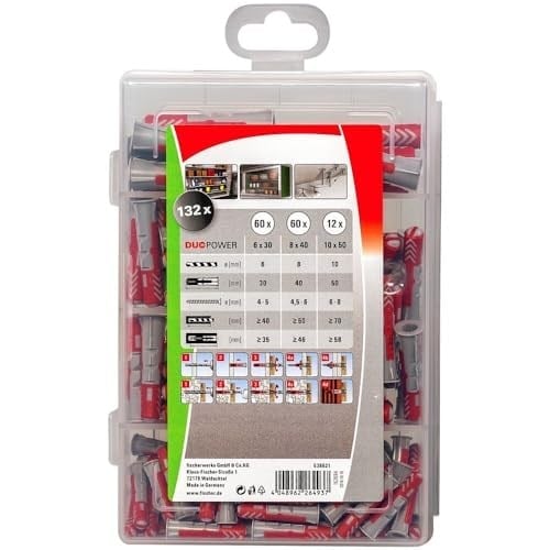 fischer PROFI-BOX DUOPOWER, 132 dübelli dübel kutusu (60 adet 6 x 30, 60 adet 8 x 40, 12 adet 10 x 50), evrensel dübel, pratik set, amatör ve profesyoneller için dübel kutusu, vidasız
