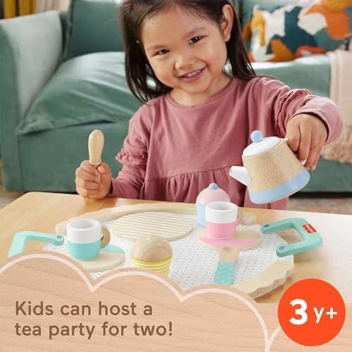 Fisher-Price Ahşap Çay Seti Okul öncesi çağdaki çocuklar için 12 ahşap parçadan oluşan Fisher-Price Ahşap Çay Partisi Seti HXT82