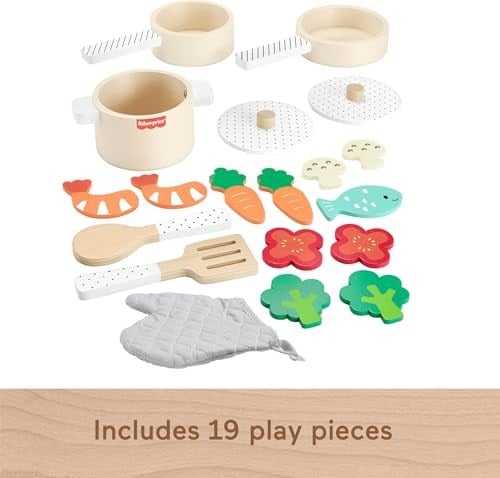 Fisher-Price Ahşap Mutfak Seti Okul öncesi çağdaki çocuklar için 19 parçalı Fisher-Price Ahşap Mutfak Seti HXT83 | HXT83 19 adet ahşap, metal ve kumaş, sahte gıda ve mutfak aksesuarları, 3 yaşından bü