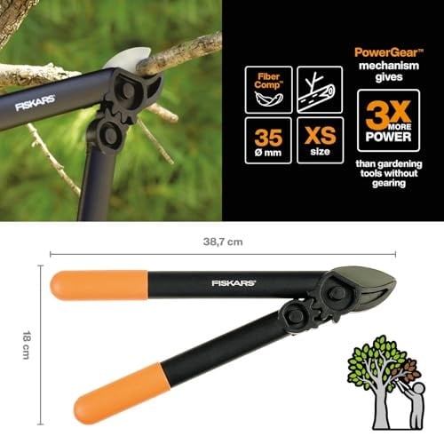 Fiskars PowerGear L31, 1000581 örs dişli budama makası, kuru ve sert ahşap için, yapışmaz kaplama, sertleştirilmiş hassas çelik, uzunluk: 39 cm, siya - Seçenekler: L31 (Ast Ø 3,5 cm), L77 (Ast Ø 5 cm)