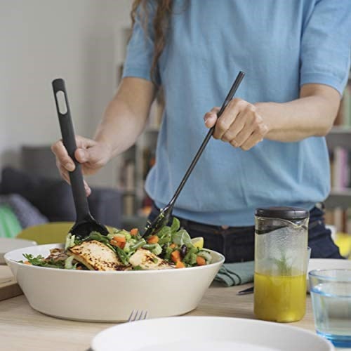 Fiskars Pratik salata çatal bıçak takımı, kaşık veya pense olarak kullanılabilir, uzunluk: 29 cm, plastik, fonksiyonel şekil, siyah, 1014434