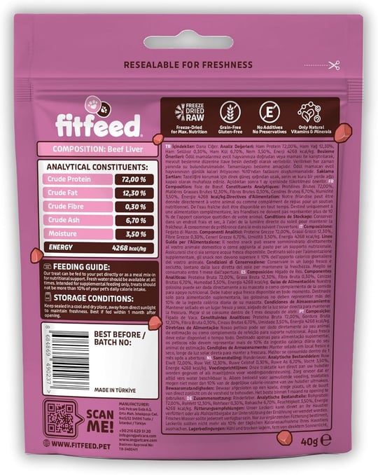 fitfeed Freeze-Dried Çiğ Dana Ciğer Kedi Ödül Maması 40g