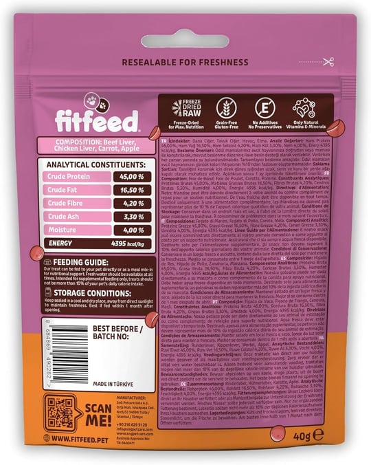 fitfeed Freeze-Dried Çiğ Dana Ciğer&Havuç Kedi Ödül Maması 40g