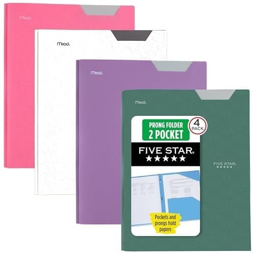 Five Star 2 Cepli Klasör, 4lü Paket, Stay-Put Sekmeli ve Prong Bağlantı Elemanları ile Plastik Klasörler, 8-1/2 