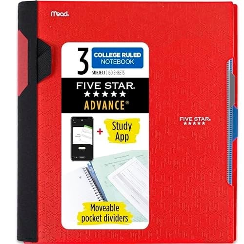 Five Star Spiral Defter + Çalışma Uygulaması, 3 Konu, Kolej Çizgili Kağıt, Spiral Korumalı İleri Defter, Hareketli Sekmeli Bölücüler ve Genişleyen Cepler, 8-1/2 